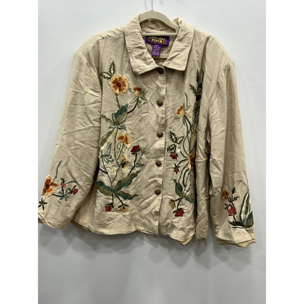 Tapestry Patch Womens Tan Floral Embroidered Metallic Classic Jacket Size XXL